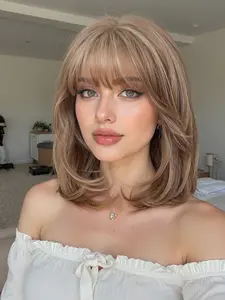 Fashionable New 14 Inch Medium-Length Brown Wigs with Bangs and Highlights, Synthetic Women's Wigs for Ordinary Work, Life, Dance Parties and All Occasions, Synthetic Hair
