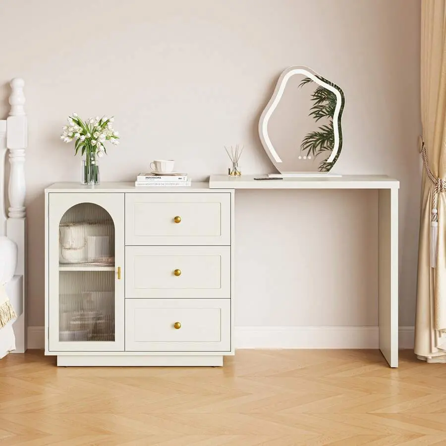 White Extendable & Swivelable Corner Vanity Table - Modern Bedroom Makeup Vanity with 3 Drawers, 1 Door, Adjustable Storage (Without Mirror)
