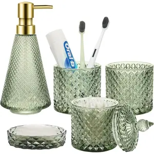 Bathroom Accessories Set, 5Pcs Green Bathroom Soap Dispenser Set, Green Glass Bathroom Accessories Set with Lotion Soap Dispenser, Soap Dish, Toothbrush Holder, Tumbler, Cotton Swab Jar