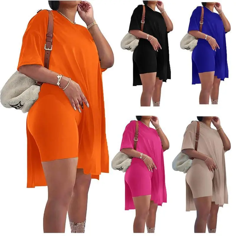 (New) Women's 2-Piece Athletic Tracksuit Set - Plus Size Round Neck Short Sleeve Tunic Top & Skinny Biker Shorts, Wrinkle-Free Soft Flowy Fabric, Birthday Outfit Inspiration, Workout Outfit Inspo, Women's Fitness Clothes, Womens Fitness, 2-Piece Tracksuit