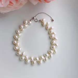 Piswency Genuine Freshwater Pearl Bracelet, Unique Wheat Ear Seedless Rice Pearls, 925 Sterling Silver Adjustable Jewelry