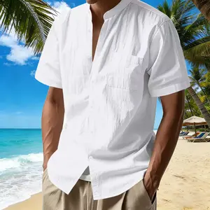 Men’s summer linen stand-collar short-sleeve button shirt, slim fit, lightweight and breathable casual top, ideal for relaxed vacations