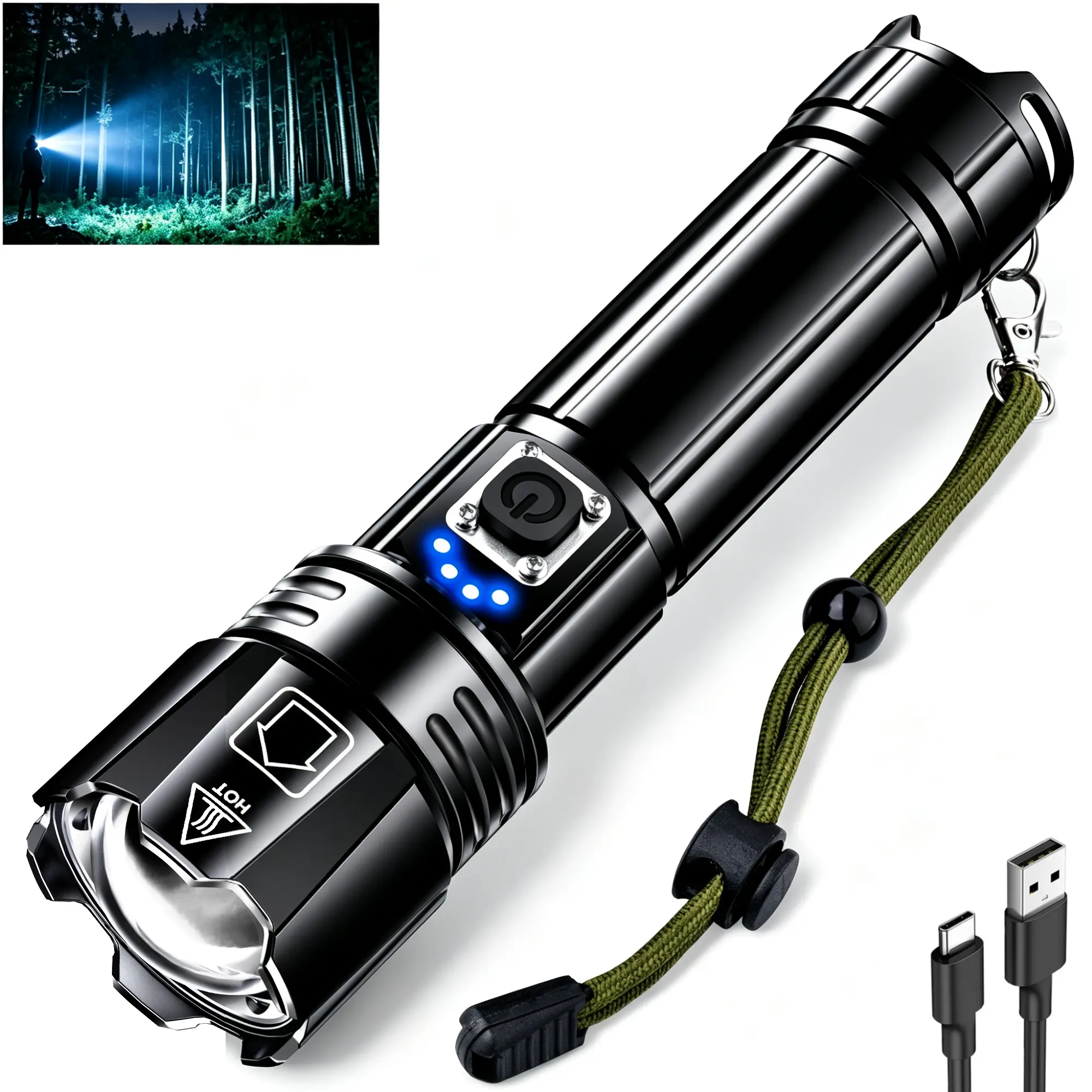 AKNEAR 99,000-Lumen LED Flashlight – 5000mAh 2-in-1 Rechargeable Power Bank, Ultra-Bright, Portable, Zoomable Camping Flashlights, IPX7 Waterproof, 12 Lighting Modes, Suitable for Home Use and Outdoor Survival Gear