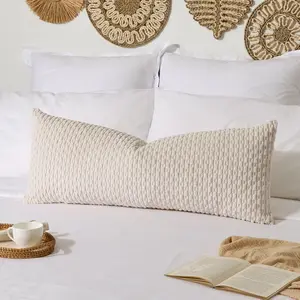 14x36 Inch Long Lumbar 1 Pack Boho Decorative Throw Pillow Cover Soft Striped Corduroy Rectangle Cushion Case Farmhouse Solid Color Accent for Living Room Couch Sofa Bed Cream White