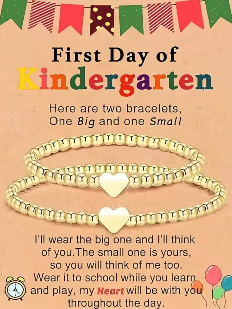 Mom & Child 2-Piece Double Hearts Elastic Beads Metal Coated Bracelet Set, First Day of Kindergarten Back to School Keepsake Gift Jewelry