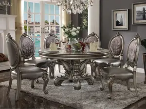 Acme Rosdorf Park Barnathan Versailles Antique Platinum Finish Wood 60" Round Dining Table Set 7 pc with Durable Construction and Spacious Table for Family Gatherings