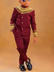 2 Piece Set African Inspired Boys Outfit in Red, White and Black, Long Sleeve Button Front Top with Gold Embroidery Details, Decorative Collar and Cuff Design, Elastic Waist Full Length Pants, Traditional Cultural Clothing