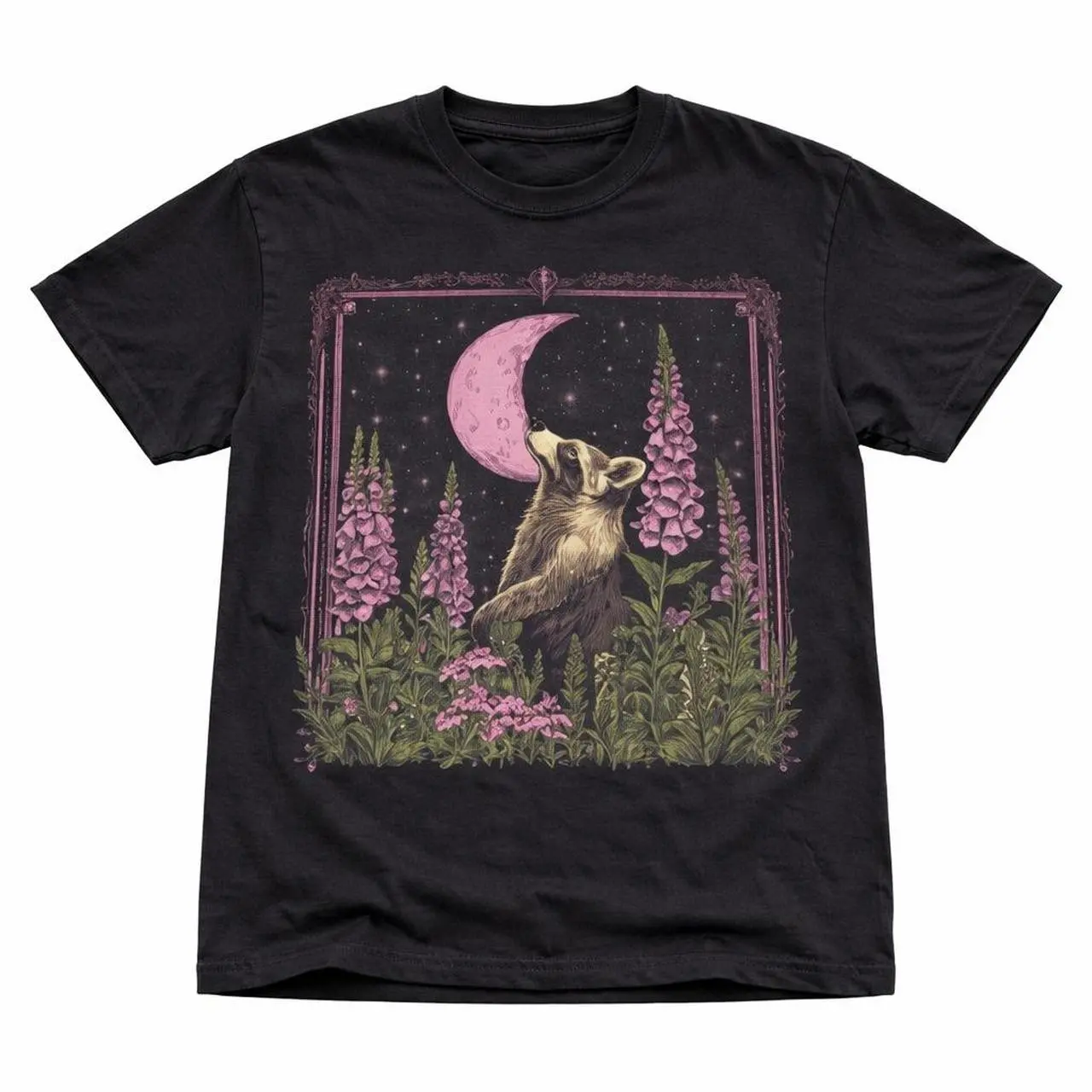 Gildan Women's Black T-shirt, Mystical Raccoon Shirt, Moonlit Forest Graphic Tee, Cottagecore Witchy Shirt, Botanical Nature Lover T-Shirt, Woodland Animal Unisex Tee Womenswear Top