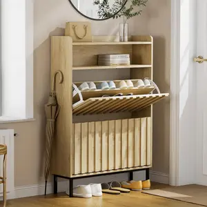 UEV Fluted Natural Wood Shoe Cabinet Storage for Entryway, Hidden Shoes Storage Cabinet with 2 Flip Drawers, Mid Century Narrow Shoe Rack Organizer,Free Standing Shoes Organizer for Hallway, Closet