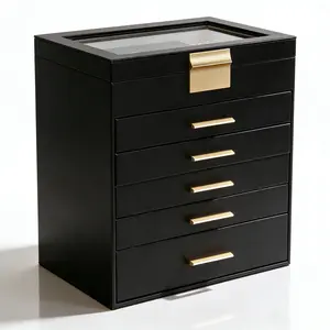 BOOVO 6-Layer Jewelry Box, Rose Gold PU Multifunctional Leather Flip-Top Organizer with Large Glass-Lid  & Mirror, Visible Storage for Rings Earrings, Dresser Decorative Case