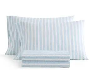 Martha Stewart Leaf Stripe White/Blue Cotton Full Sheet Set
