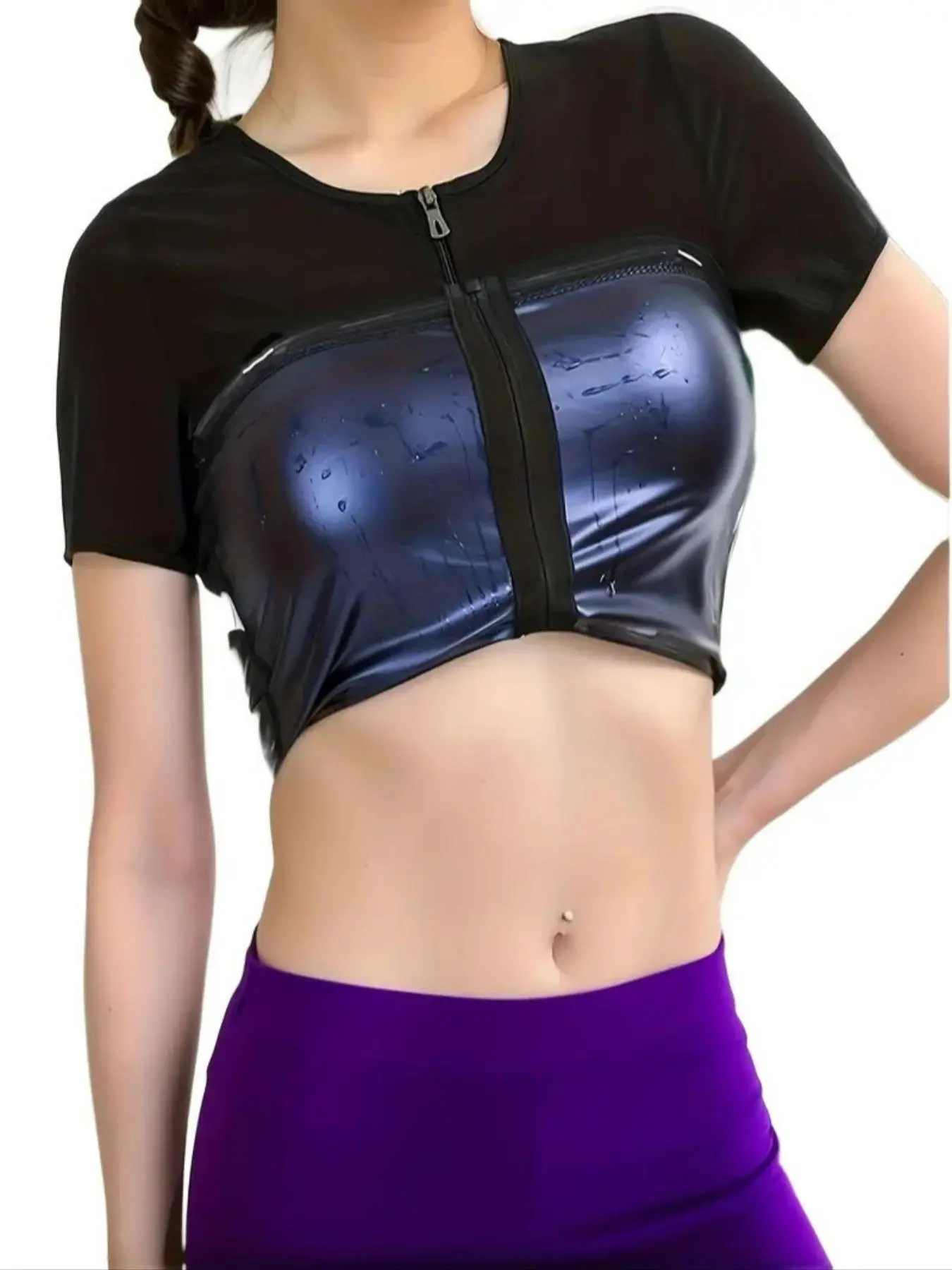 Women's Solid Zip Up Sauna Tee, Sporty Round Neck Short Sleeve Sweat Top Active Top Gym Tops Fitness Sport Top Breathable Workout Tops Activewear Workout for Yoga Gym Workout Running, Ladies Sportswear for All Seasons