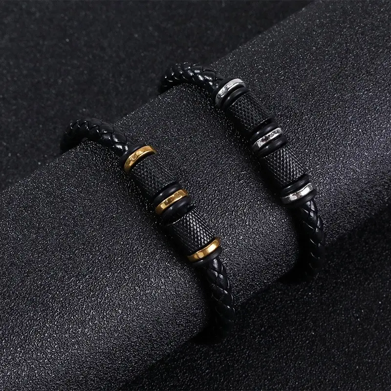 Men's Retro Punk Woven Leather Beaded Bracelet With Magnetic Clasp Festival Gift Jewelry