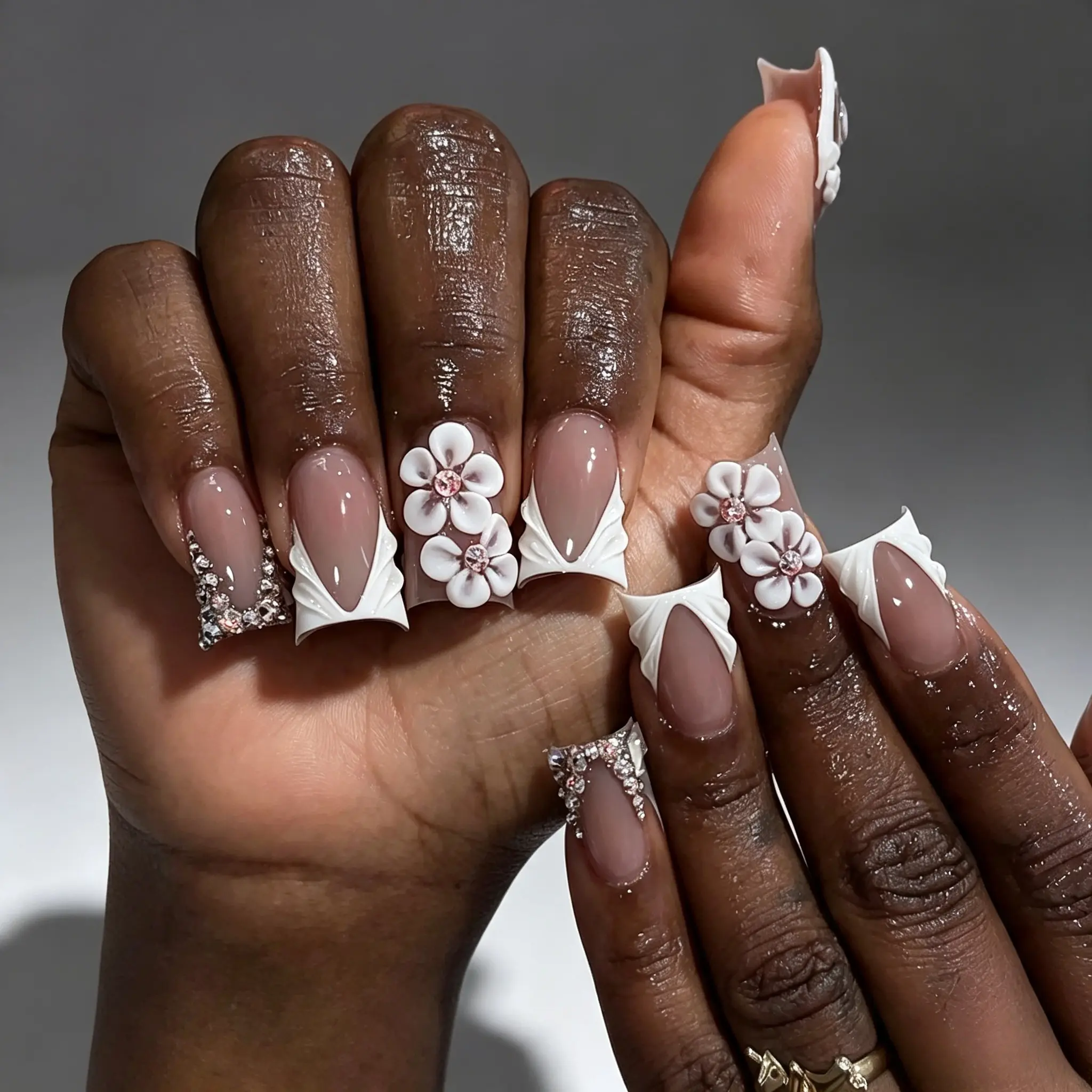 10 pcs Handmade Press on Nails 3D Floral White Tips,Ducknails, Y2K Baddie Style, Nude And White Color with French Tips, Floral And ringstone design, Suitable for Women And, Includes Tools