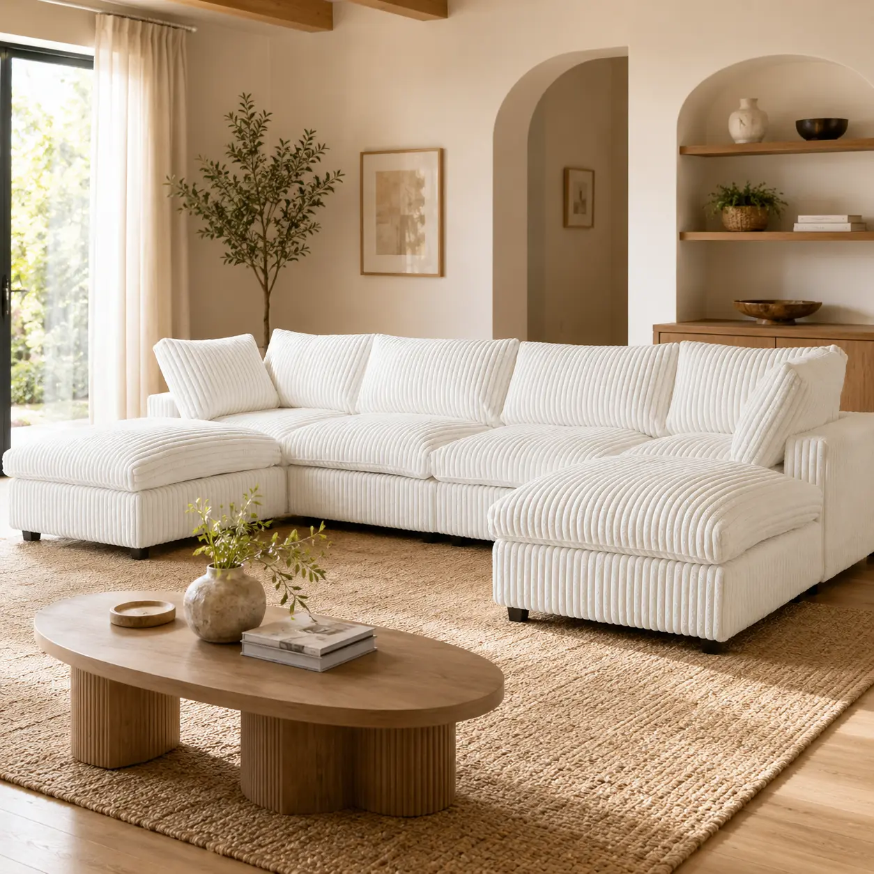 Modular Faux Fur Sofa, Plush Ribbed Cloud Sectional Couch, Living Room 3-Seater & Ottoman Set