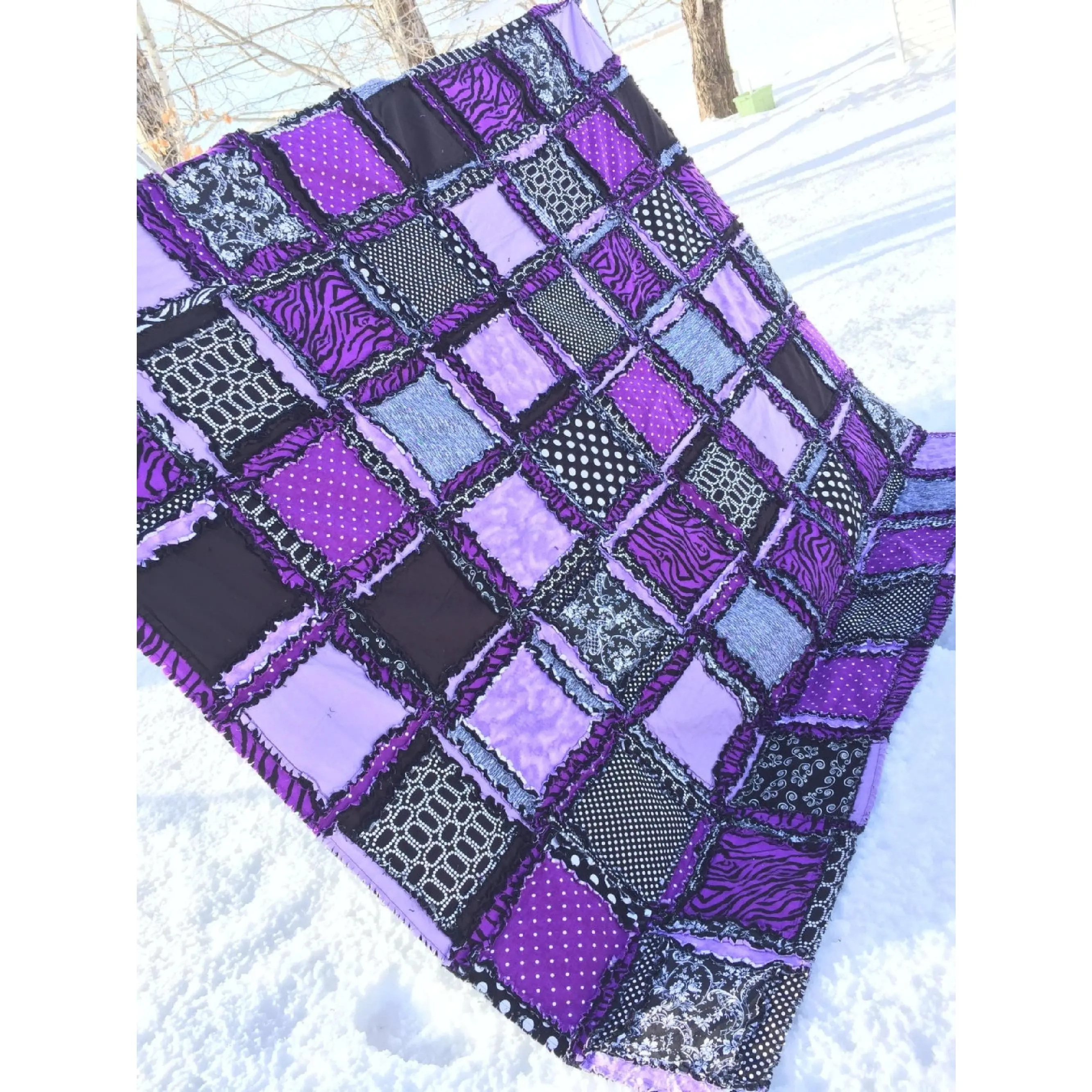 Dark Purple & Black Zebra Patchwork Rag Quilt – Moody Punk Twin Size Bedding