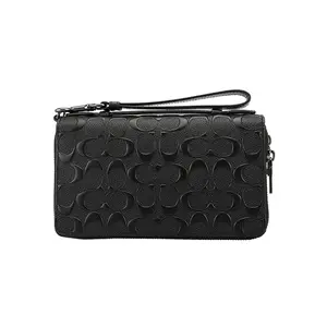 COACH Double Zip Wallet for Men – Monogram Embossed Leather Handheld Clutch in Black