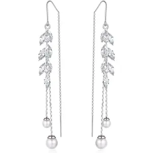 Long Imitation  Dangle Earrings with Cubic Zirconia Hook Threader Earrings for Bride Bridesmaid Wedding Prom