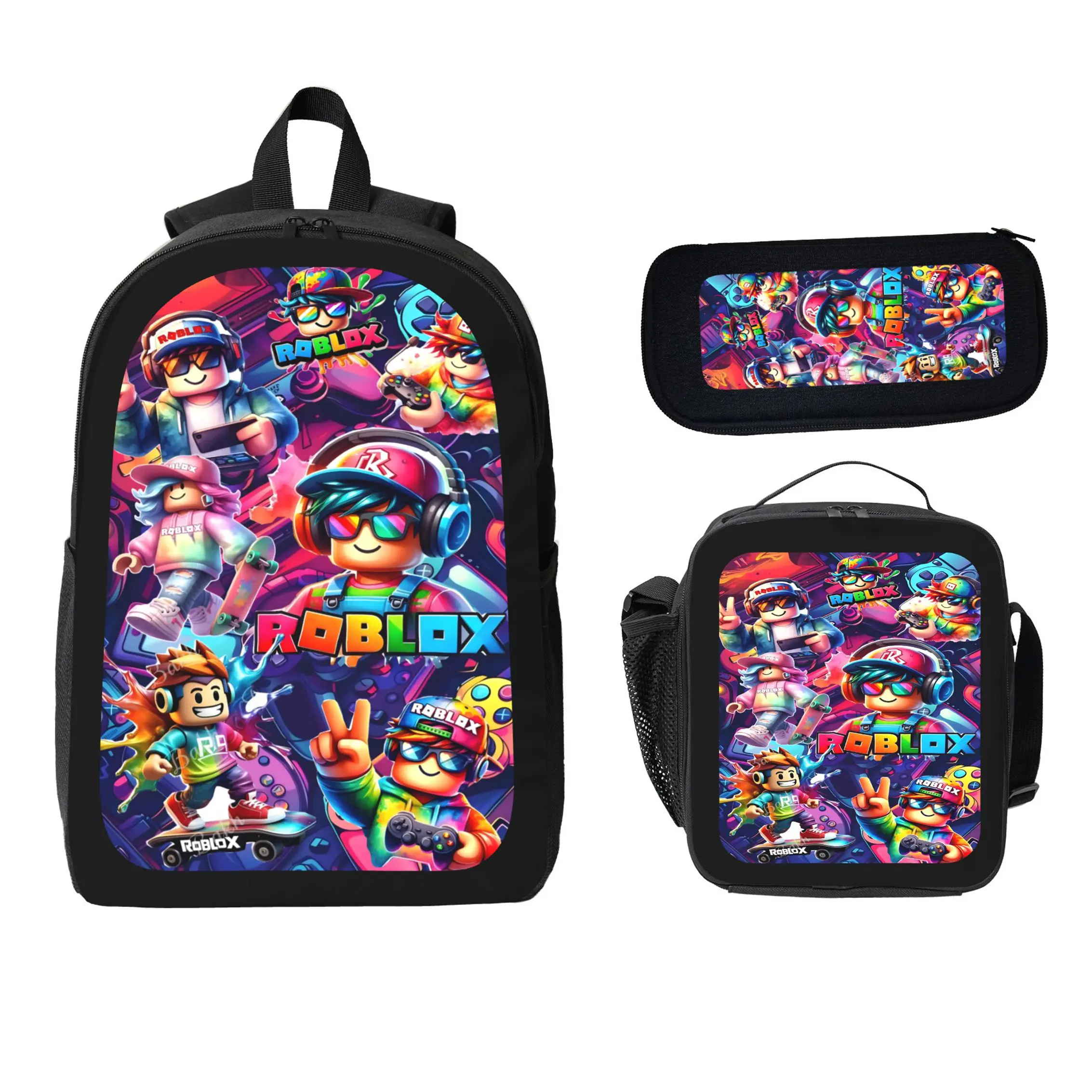 Roblox Backpack Set Durable Polyester School Bookbag Lunch Bag Pencil Case Lightweight Travel Daypack Back To School Supplies For Kids Boys Girls Teens Students Gamer Gift