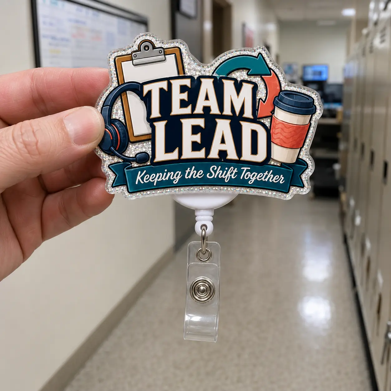 Team Lead Badge Reel, Holographic Glitter Acrylic Retractable ID Holder for Shift Leads and Supervisors, Workplace Appreciation Gift