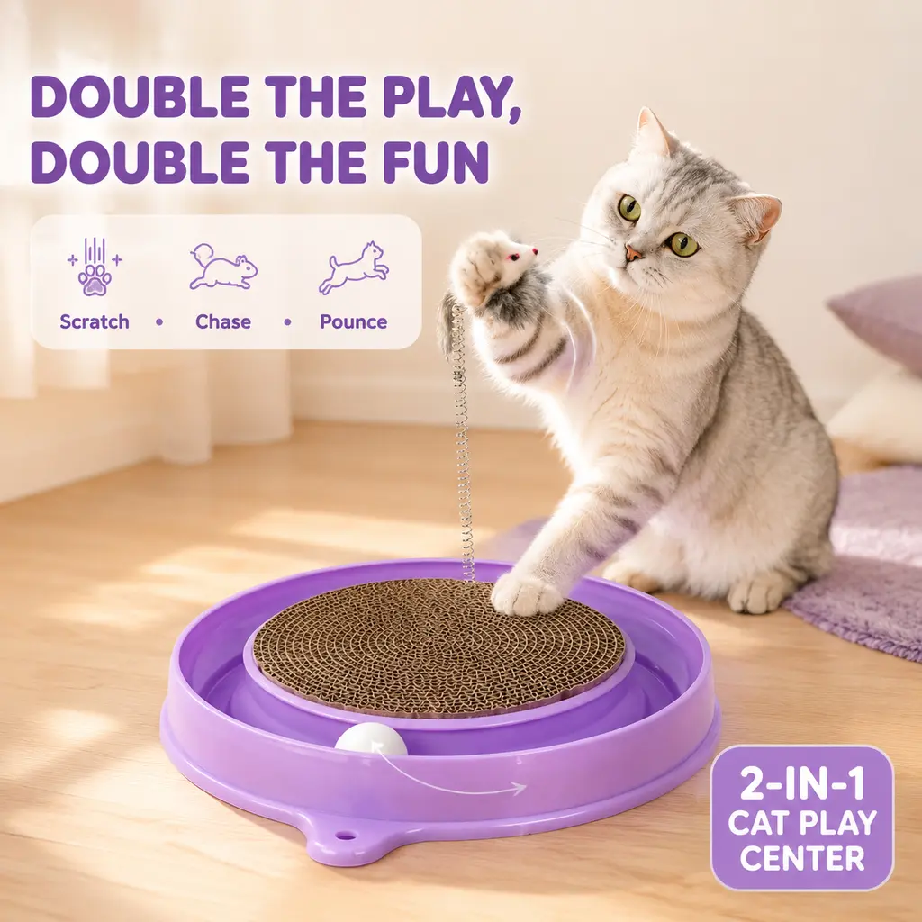 Cat Scratcher Interactive Toy with Track Ball & Plush Mouse, Mental Stimulation Boredom Relief for Indoor Cats & Kittens