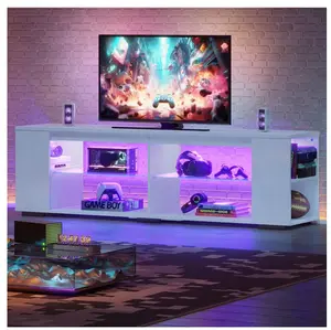 LED TV Stand for TVs up to 80", Gaming Entertainment Center with Side Bookshelf and 4 Open Shelves, White