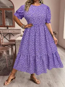 Women's Plus Size Round Neck Short Sleeve Bubble Hem Floral Print Casual Everyday Dress, Comfortable and Stylish Design for Daily Wear