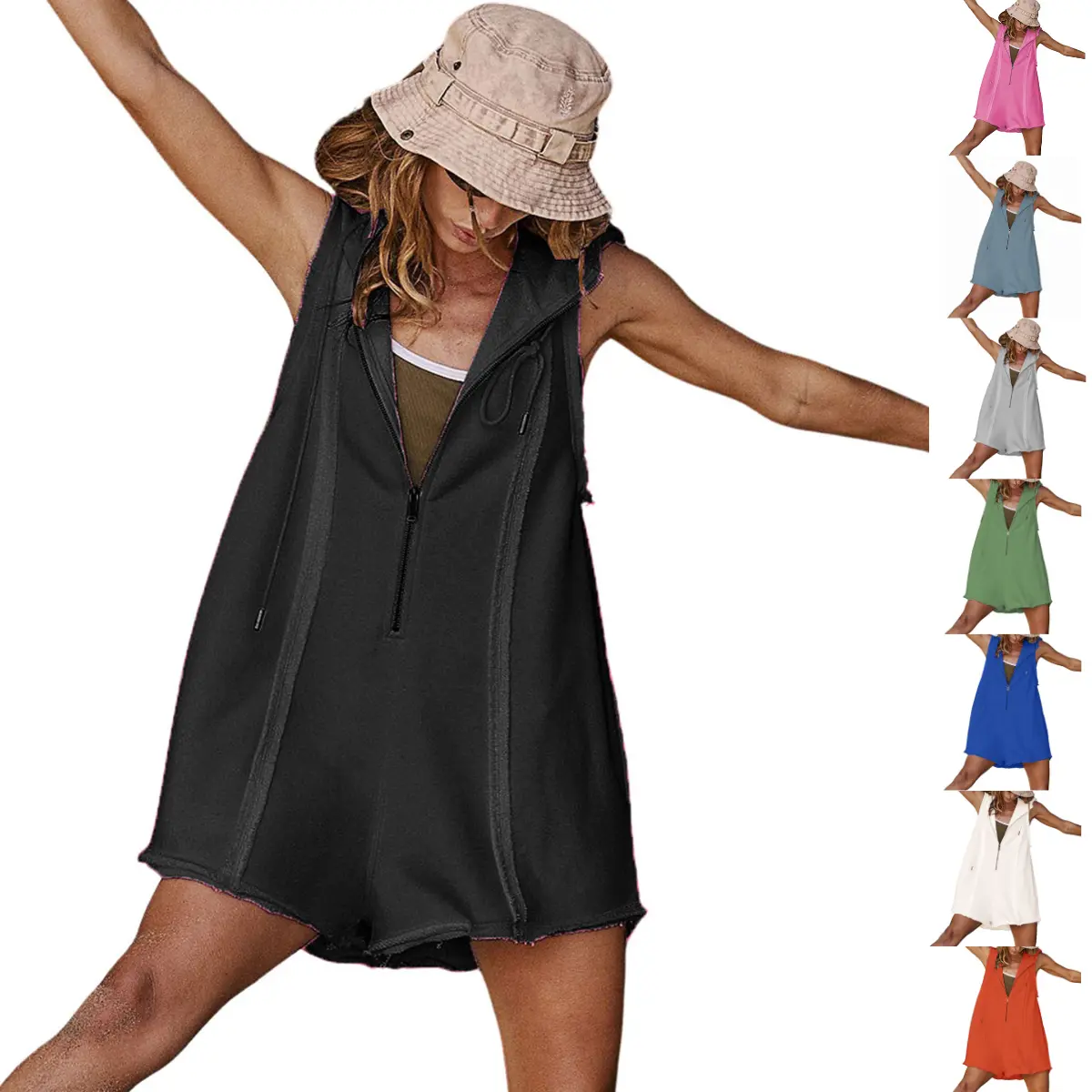 Bienmorn Women's Hooded Athletic Romper Zip Up Sleeveless Workout Shorts Jumpsuit Summer Casual Sporty One Piece with Pockets