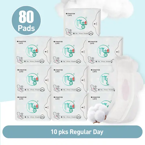 10 Packs/80 Count Zhuyin Life Menstrual Day Pads with Organic Cotton & Super Absorbency Regular 245mm Sanitary Pads Unscented for Menstruation Flow - Feminine Hygiene Product