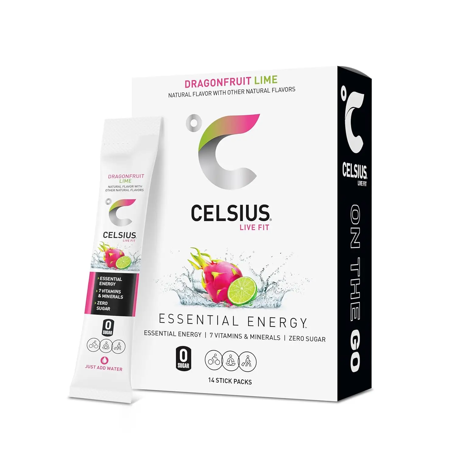 CELSIUS On-The-Go Powder Sticks Dragon fruit Lime, Essential Energy 2.8 Oz