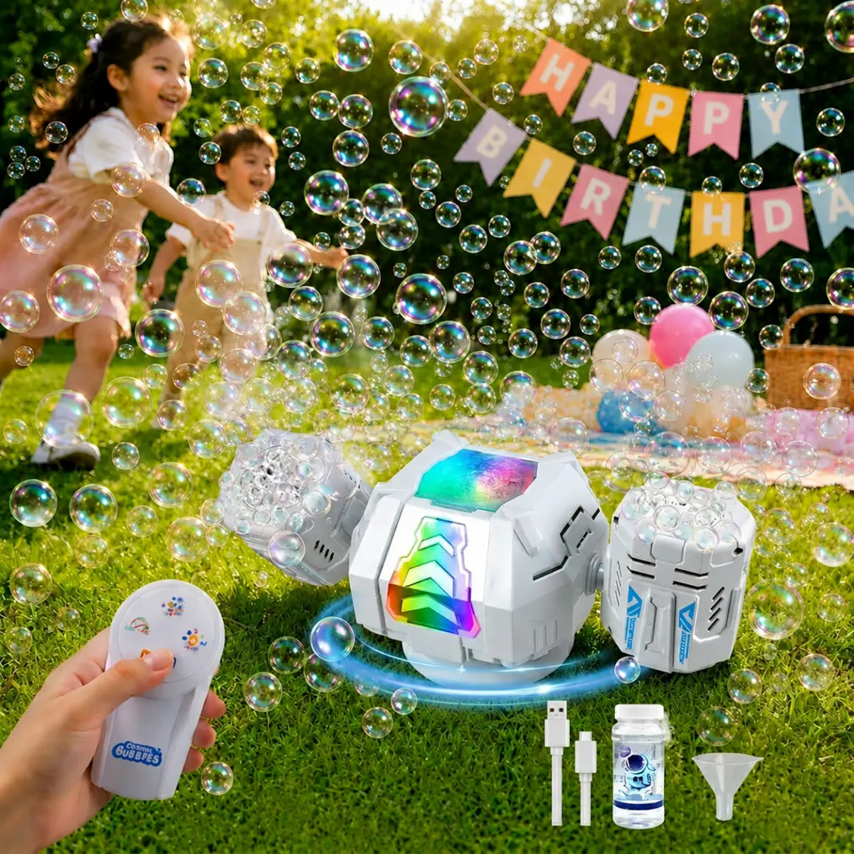 2026 RC Bubble Machine, Rechargeable Bubble Maker with 360°Automatic Rotation & 9 LED Light, 30000+ Bubbles Blower Machine Toys Gifts for Kids, Birthday Parties, Wedding, Indoor, Outdoor Activities