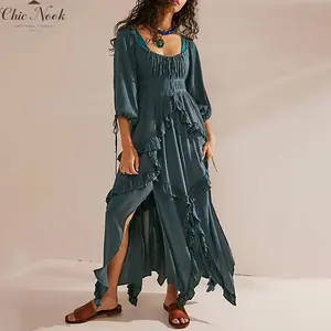 Women's Ruffle Long Dress Fashionable Solid Color Half Sleeve Square Neck Flowy Dress