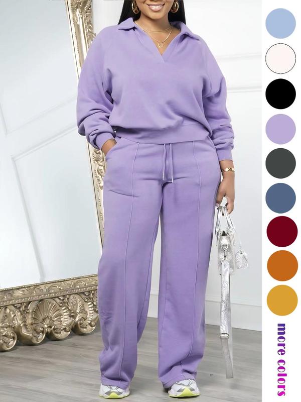 Women's Solid Long Sleeve Sweatshirt & Drawstring Waist Pants Set, Casual Fashion Cozy Two-piece Outfit for Daily Outdoor Wear, Women's Clothes for All Seasons