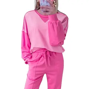 Bonbon Patchwork Pullover and Drawstring Jogger Set - Women's Clothing with Versatile Design - Womenswear