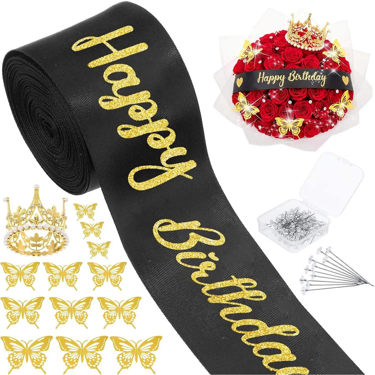 114 count Flower Bouquet Accessories Includes 2 in x 5 Yard Glitter Happy Birthday Satin Ribbon,  Bouquet Crown, Butterfly Decor and Rhinestone Flower Pins for Birthday Wedding  Shower