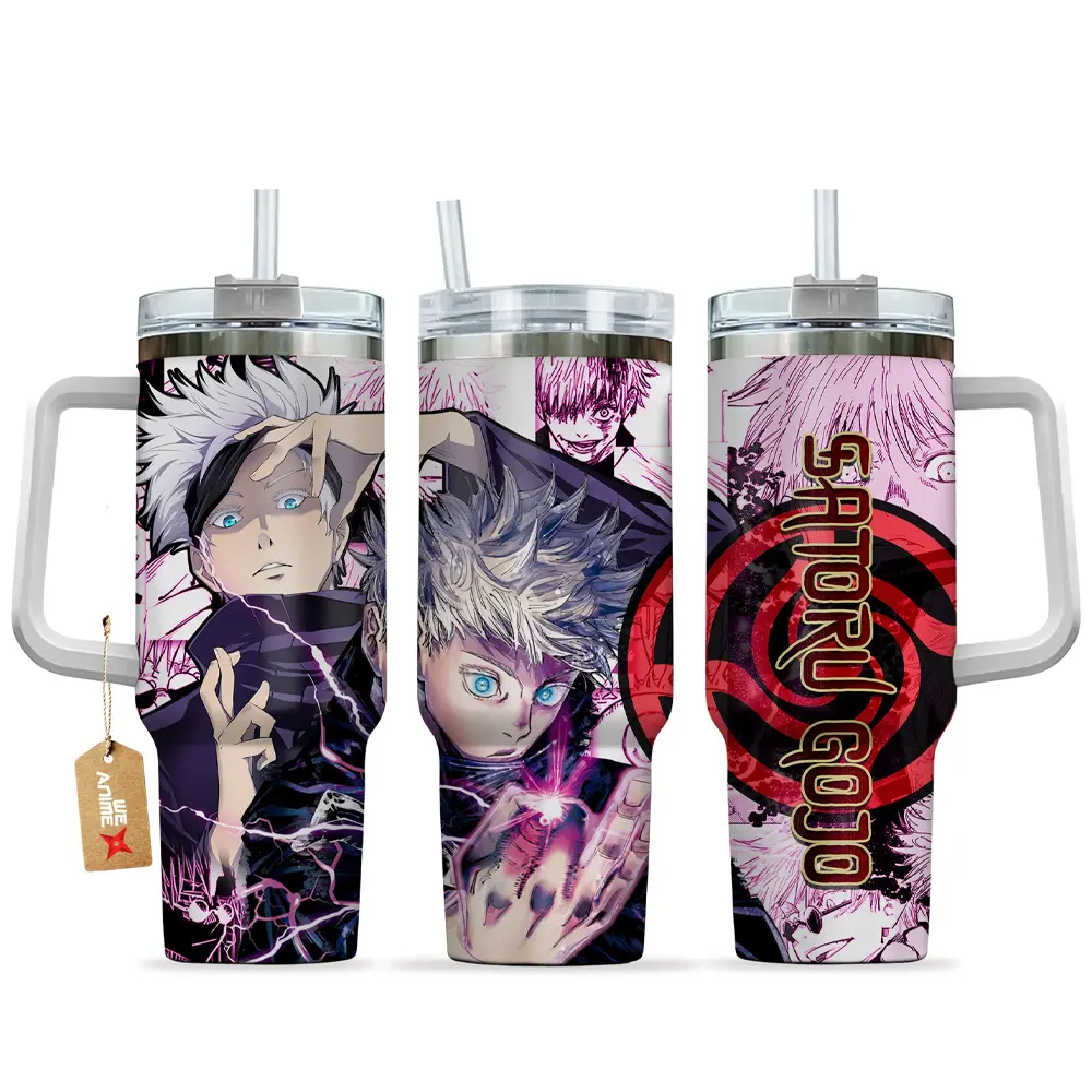 WexAnime - 40oz Gojo Satoru Insulated Portable Beverage Flask - Double-Wall Vacuum Stainless Steel, Anime Design, Washable Leakproof Straw Lid with Black & White Cap & Handle, 12H Hot/24H Cold Retention, Valentine Gift Drinkware, Flasks