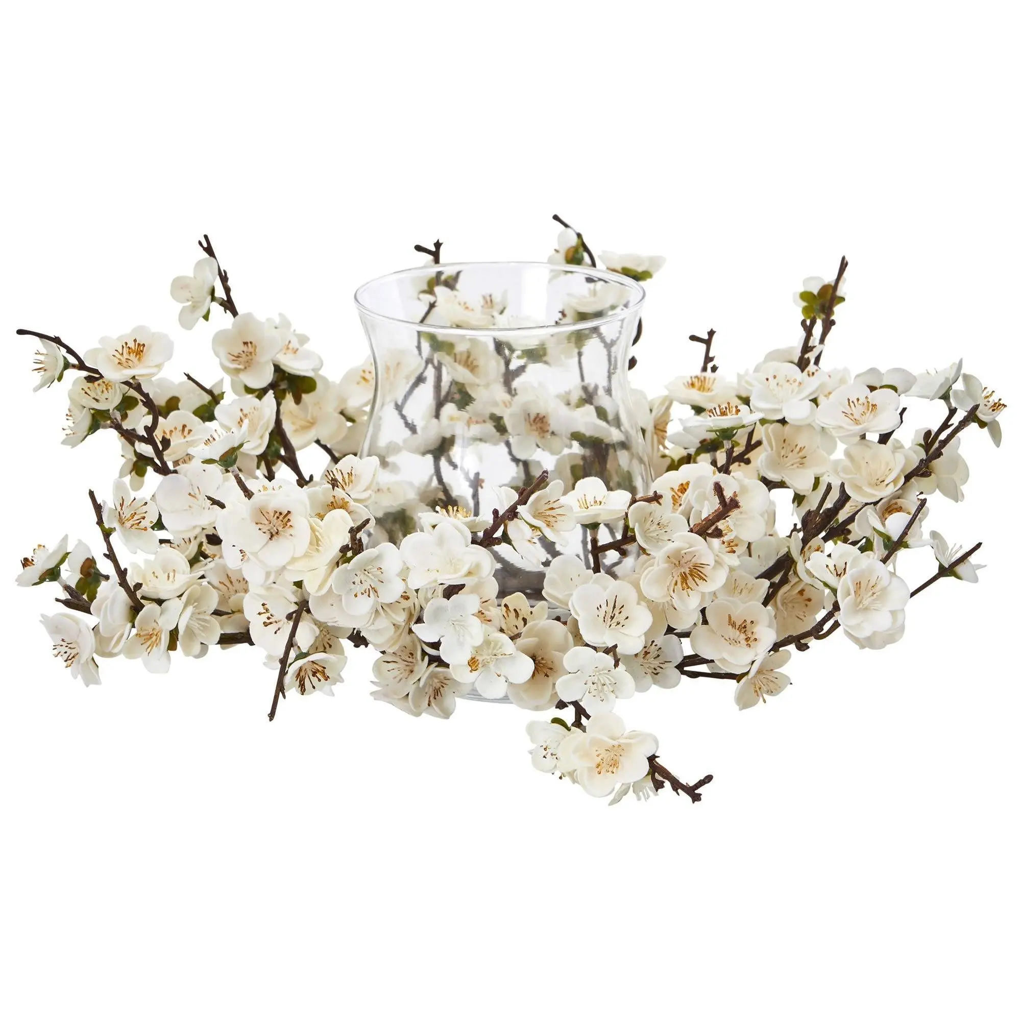 6.5" Decorative Plum Blossom Candelabrum with Faux Silk Flowers, Artificial Plants for Bedroom Decor, Nightstand Floral Decor & Home Flower Arrangement Supplies, Neutral