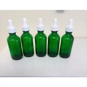 2 Oz Green Boston Round Glass Bottle with white Glass Dropper bundle of 5 units Organiser