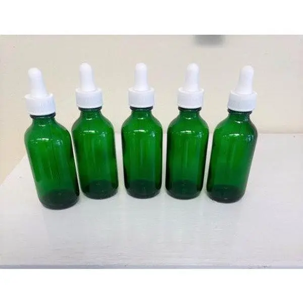 Home Supplies 5-Pack 2oz Compact Green Boston Round Glass Bottles with White Glass Droppers, UV Protection Storage Jars Set, Boston Round Shape, Durable