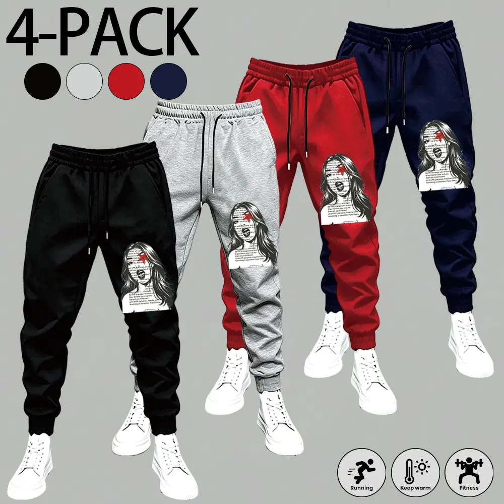 4 PACK Mens Soft Fleece Jogger Pants Fashion Portrait Girl Red Star Print Drawstring Elastic Waist Cuffed Sweatpants Casual Daily Running Fitness Warm Training Trousers Four Color Matching Sports Pants For Outdoor Street Wear