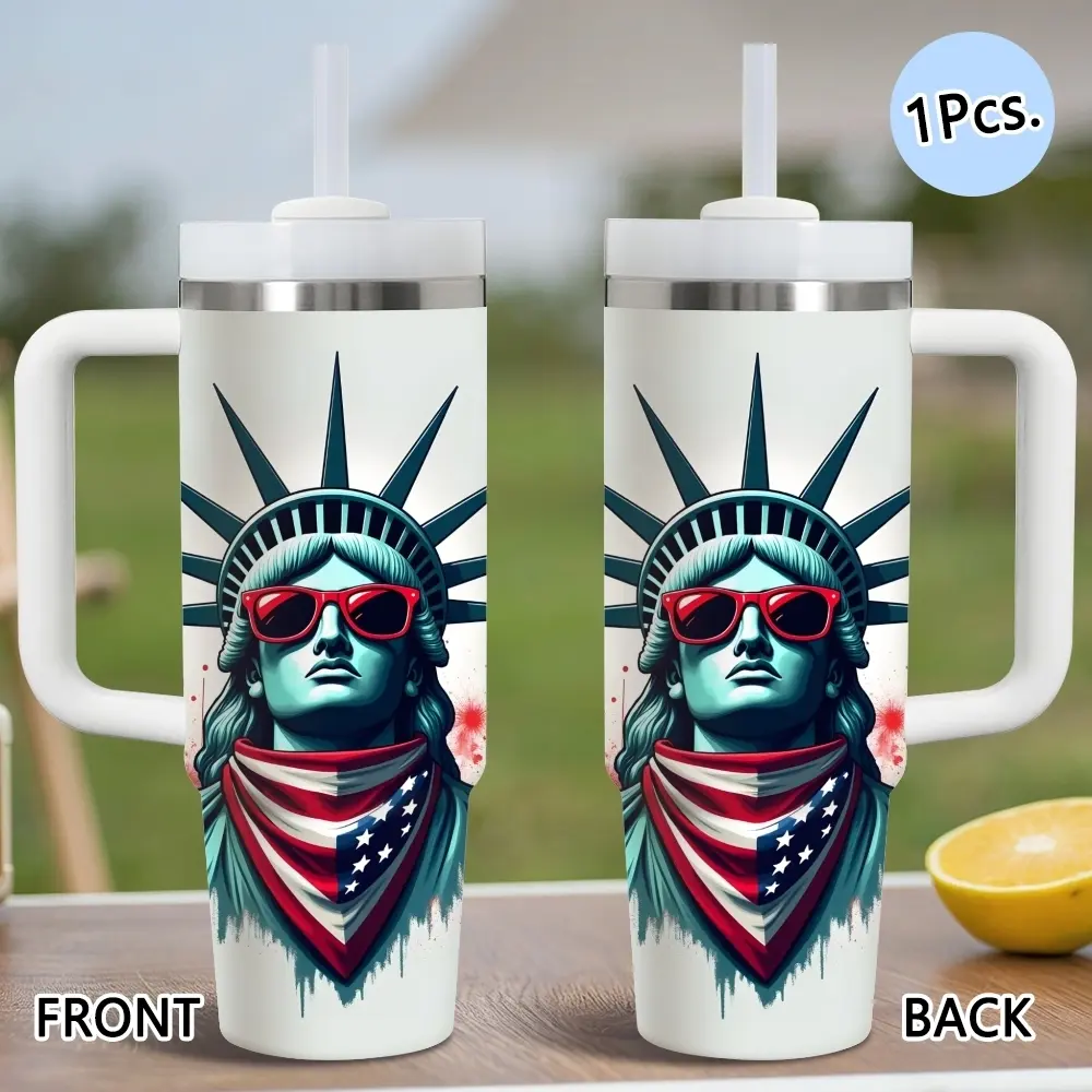 Cool Statue of Liberty Vacuum Flasks 40oz Stainless Steel Vacuum Insulated Tumbler with Handle & Straw | Leak-Resistant Travel Mug | Long-Lasting Cold Drinks | Iced Coffee & Water Cup for Office, Gym & Travel