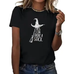 1pc Women's Witch Graphic T-Shirt - "Yes I Can Drive a Stick" Print, Casual All-Season Sportswear, Black with White Lettering, Round Neck, Short Sleeve, Machine Washable