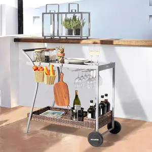 Outdoor Bar Table with Rolling Wheels, Outdoor Bar Cart Patio Wicker Bar Counter Table with 2 Steel Shelves and 2 Sets of Rails, Ideal for Garden, Backyard and Pool Side, Gray