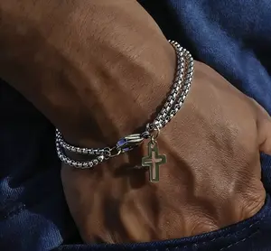 Meraki Gothic style stainless steel minimalist cross bracelet. Double-chain trendy stacking bracelet, street punk Gothic jewelry