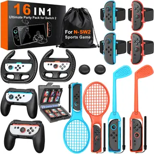 BEBONCOOL for Nintendo Switch 2Sports Accessories Bundle 16 in 1 Family Party Kit with Golf Clubs, Tennis Rackets, Steering Wheels, Wrist & Leg Straps, Grips, Card Case & Storage Bag