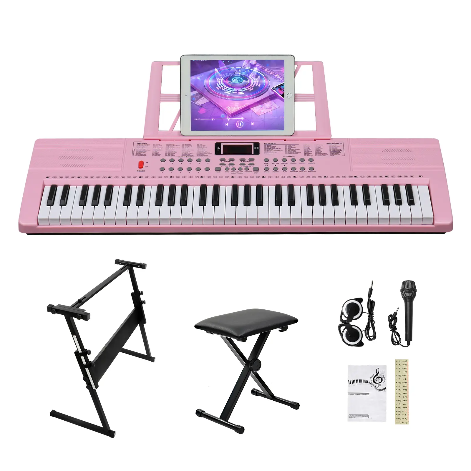 61-Key Pink Piano-Style Digital Keyboard, Portable Beginner Piano Kit with Built-In Speakers, Headphone, Microphone, Music Rest, Pedal, Bluetooth & Stand, Ideal for Teens, Festival/Birthday Gift
