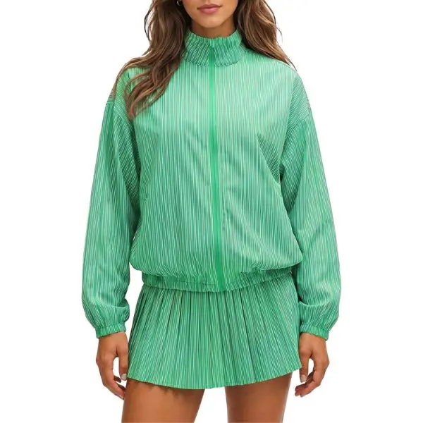 Fisoew Women's Vertical Striped 2 Piece Outfit Stand Collar Full Zip Cropped Windbreaker Jacket + High Waist Pleated Mini Tennis Skirt Matching Tracksuit Set