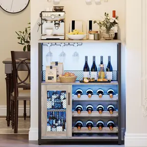 Wine Bar Rack Cabinet with LED Light, Adjustable Shelves Coffee Bar Cabinet with Mesh Door and Baffle Design, 36″ Tall Small Liquor Bar Cabinet for Home, Kitchen, Dinning Room