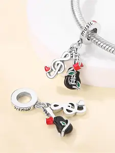 S925 Sterling Silver Guitar Note Pendant Charms Beads, Fashionable Pendant Beaded for Women & Girls, DIY Jewelry for Bracelets Necklace Keychain