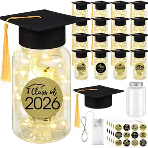 16 Sets 2026 Graduation Table Decorations,Mini Felt Grad Cap Centerpieces for Tables with LED Lights,PET Jars,Stickers,Class of 2026 High School College Party Supplies Decor Gifts (Black)